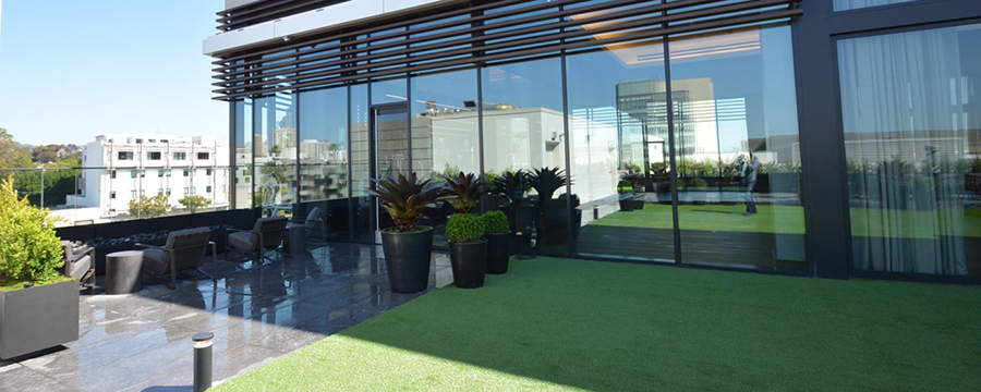 Office roof deck with turf installed.