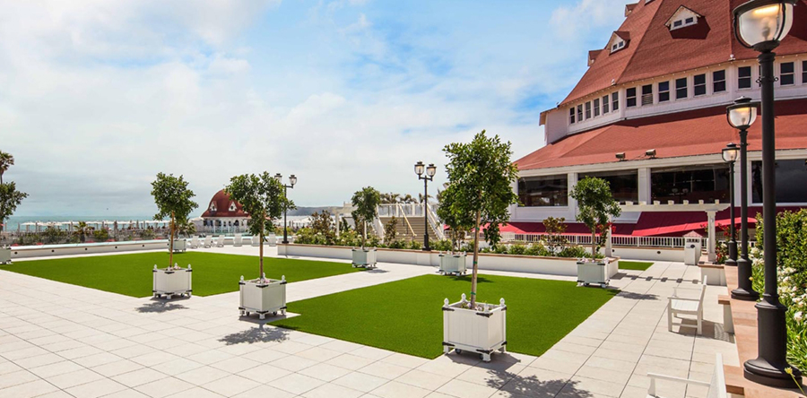 Artificial turf deck installation at resort.