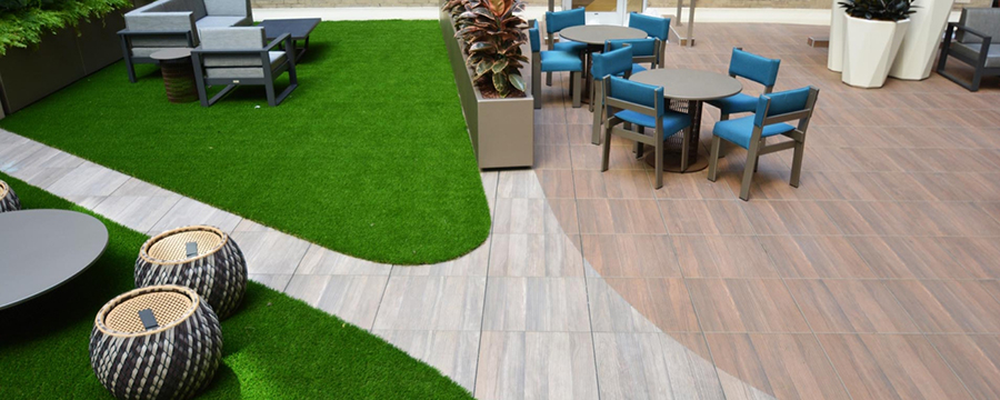 Artificial grass on roof deck.